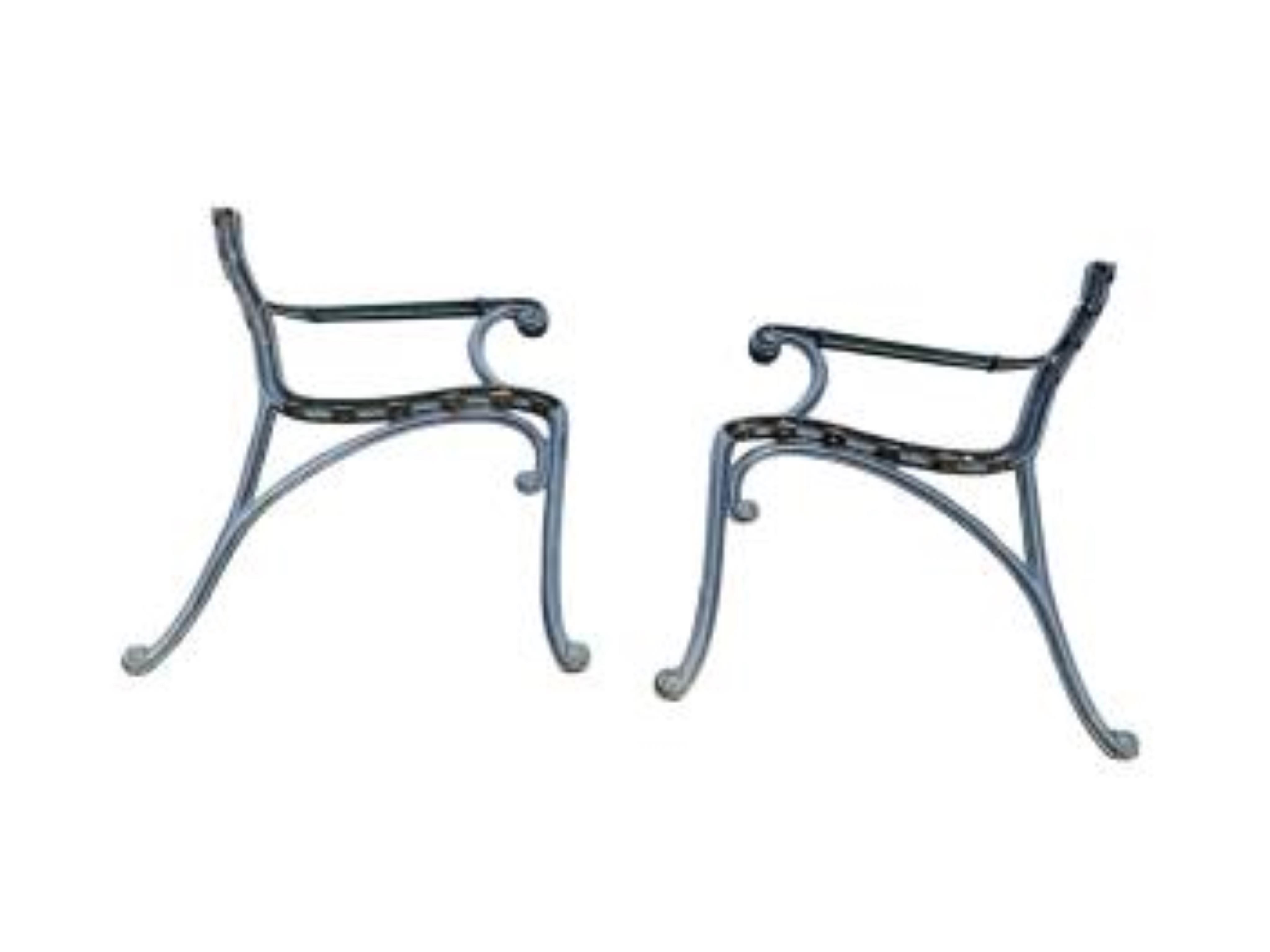 A cast metal slatted garden bench and three matching garden armchairs and four bench ends